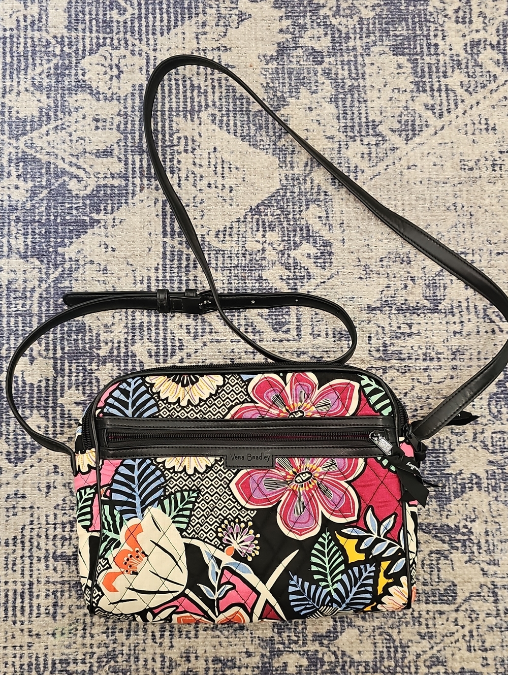 Vera Bradley Black Floral Quilted Crossbody with Pink & Blue Accents